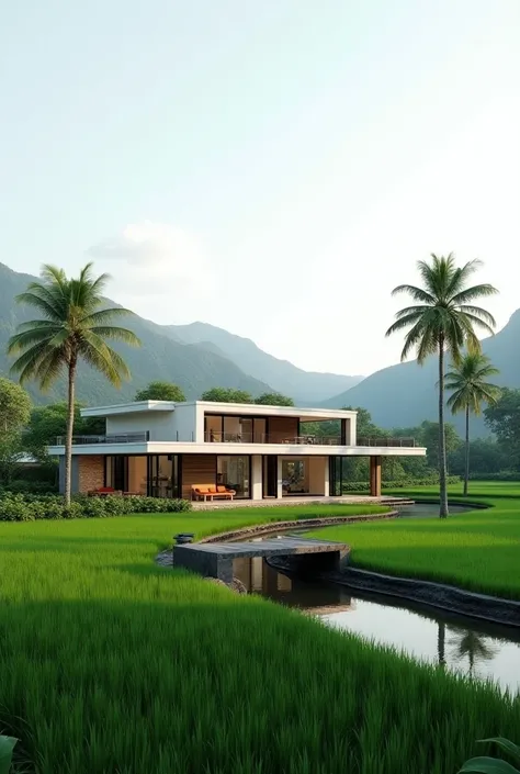 Create a picture of a European style minimalist clasic house in the beautiful and comfortable Indonesian rice paddy countryside beautiful realistic full HD images like real 4k detail 