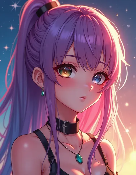 Close-up of a woman with colorful hair and necklace, anime girl with cosmic hair, soft vitality of Rossdraws, artwork in Guvez style, fantasy art style, colorful], vibrant fantasy style, Rossdraws cartoon full of vitality, universe and colorful, Guweiz, co...