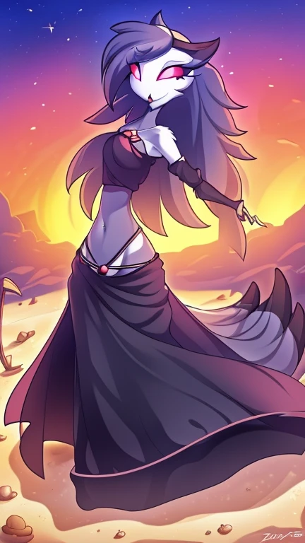 by zinfyu, detailed background, octavia (helluva boss), owl demon, grey body, red sclera, white eyes, white face, tail feathers, octaviagoetia, female, solo, Arabian belly dancer, purple dress,  navel focus, deep sexy navel, dancing on sand, desert, night