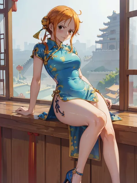 ((top quality)), ((masterpiece)), ((best quality:1.2,)) (((nami (one piece), 1girl, solo, aroused))), (((((china dress, heels)))...