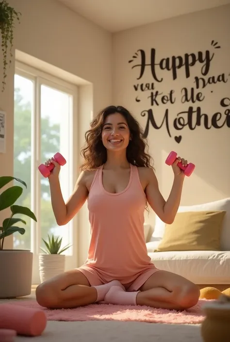 An image on the occasion of Mothers Day . 
A young woman,  at home doing household chores ,  moms but at the same time using gym elements such as pink dumbbells.
She looks very happy .
That the following can be read on a back wall:  "Happy day to all mothe...