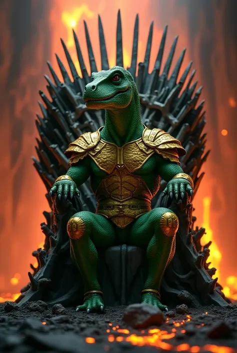 Green Dino in golden armor sitting on the iron throne in a volcano 