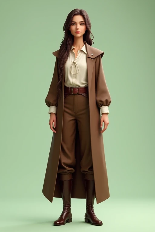 Front portrait, 3D animation style, full body, standing, middle-aged female human, athletic build, long loose hair adorned with bangs, wearing white blouse, brown medieval style jacket and long brown medieval style pants, leather boots, light green backgro...