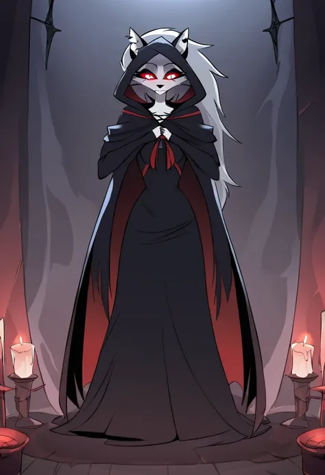 (1girl, solo), perfect body, slim,
anthro, robe, furry, smile, sinister look, grim reaper outfits, cape covering whole body, long black cape, hoods covered head, head down, red eyes, room, standing, 
Loona (Helluva Boss), Masterpiece, Best Quality, horror ...