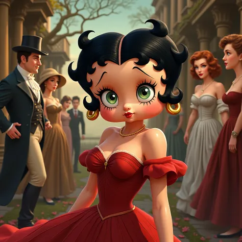 Betty boop, in movie “gone with the wind” wear movie “gone with the wind” clothing, a major role, background “gone with the wind” classic scene, romance style 