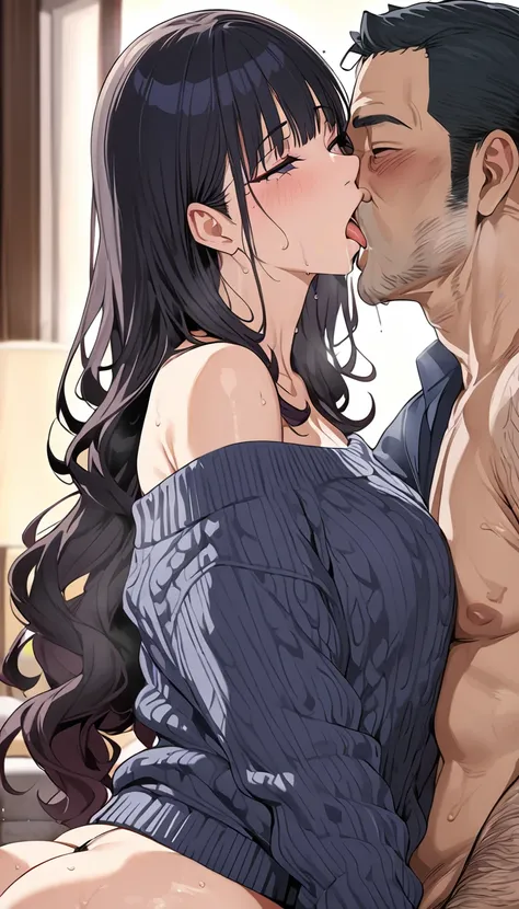 nsfw,bust up Focus,side view,High quality,Ultra-high resolution,High-definition illustrations,Masterpiece,extremely detailed,highres,,hetero couple,(married sexy milf is glossy lips is lust),off shoulder sweater,in heat,saliva,sweat,Medium breasts,moist sk...