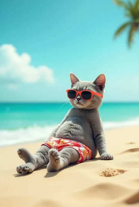 A human-sized gray cat in swimming trunks is relaxing on the beach with sunglasses on a sunny day