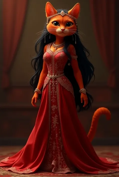 "A red-colored cat standing in a bridal outfit, wearing a maang tika, necklace, and earrings. The cat has long black hair and is gazing like a heroine, striking a confident bridal pose. The overall look is elegant and glamorous, resembling a bride ready fo...