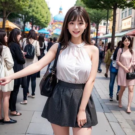 laughing out loud，Stylishly wear ，date attire，The skirt shows fluffy curvature，Carrying a cute bag，knee shot,  background is a daytime amusement park，1 female, light brown hair, blunt bangs, hair behind ears, Shoulder length hair, long hair, Slender body s...