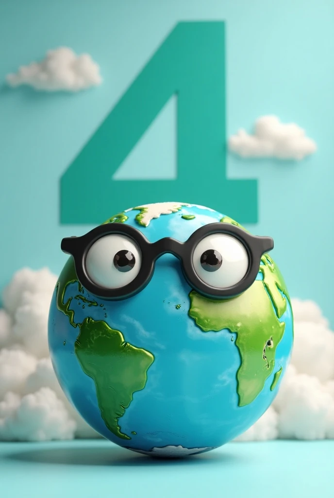 A planet Earth with cute glasses with a math four in the background 