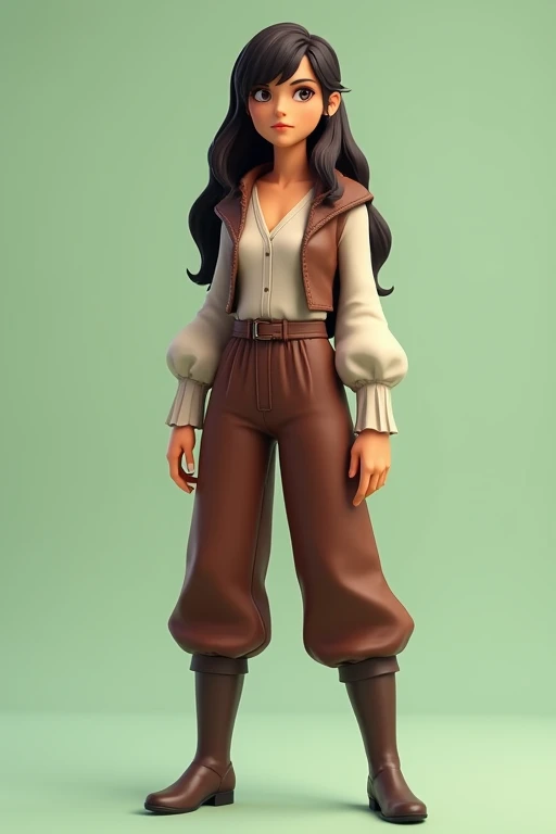 Front portrait, 3D animation style, full body, standing, middle-aged female human, athletic build, long loose hair adorned with bangs, wearing white blouse, brown medieval style short jacket and brown medieval style long pants, leather boots, light green b...