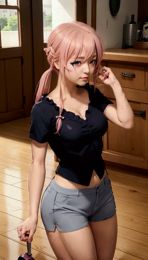 chica anime with pink hair and blue shorts holding a knife, seductive chica anime, Marin Kitagawa fanart, arte cg de anime suave, chica anime, oppai biomecánico, attractive chica anime, estilo de arte anime moe, pose casual, young chica anime, cushart kren...