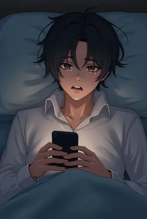 A crying young man looking at his phone in bed anime the young man has asthetic clothes he is 18 years old