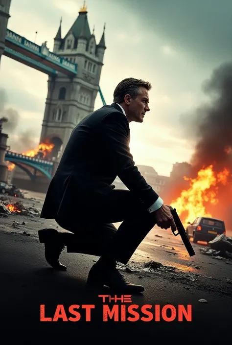 Crée moi une affiche de film avec le tower bridge, des voitures en flamme, un homme blanc en costume armé dun pistolet de dos, accroupi. Avec écrit 
 " The Last mission" 