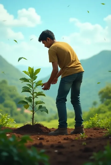 Picture of a 21 year old malayale man planting a tree from back side

