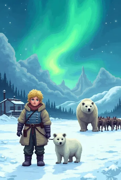 16-bit pixel art, promotional poster, promotional art for "The Golden Compass," 16-bit video game art, for a game based on renowned novel "The Golden Compass" by Philip Pullman, BREAK: (it features ((a blonde girl in arctic weather gear)) , a white ermine,...