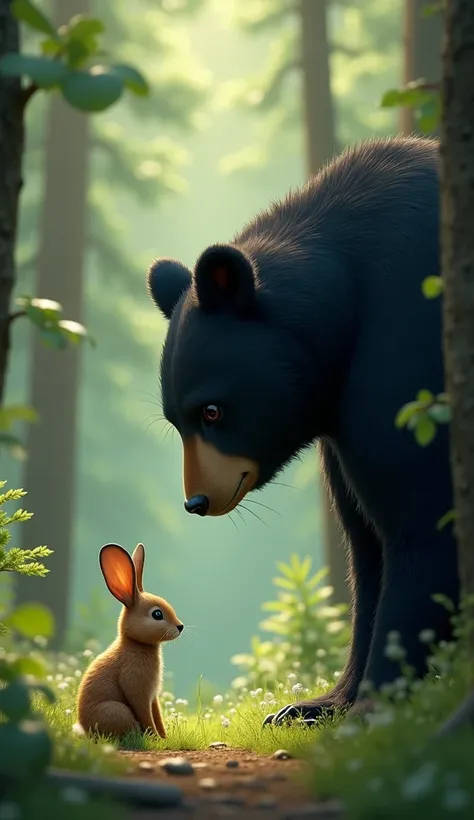 Imagine a scene where a rabbit and a black bear encounter each other in a forest. The rabbit, small and nimble, sits quietly, its ears perked up in alertness. The black bear, with its thick fur and powerful build, looks down curiously at the rabbit, mainta...