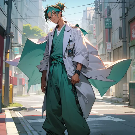 1male, young teen, tan skin, finely detailed aqua eyes, messy top bun, two tone lavander color, wild medium hair, lab coat, glasses headband, baggy pants, standing on street, day time, tokyo streets, calm expression, muscular