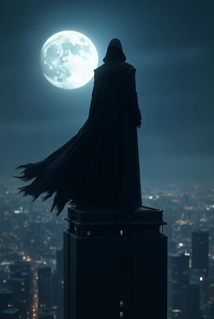 A real king of darkness boy in the top of a building and the moon beside him 