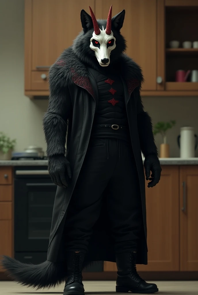 wolf, black body, white bone mask, four eyes, black sclera, red pupils, detailed eyes, two vertical red horns on the forehead, many red patterns on the body, black coat, robe black bottle, black joggers, black boots, handsome, long tail with black fur, kit...