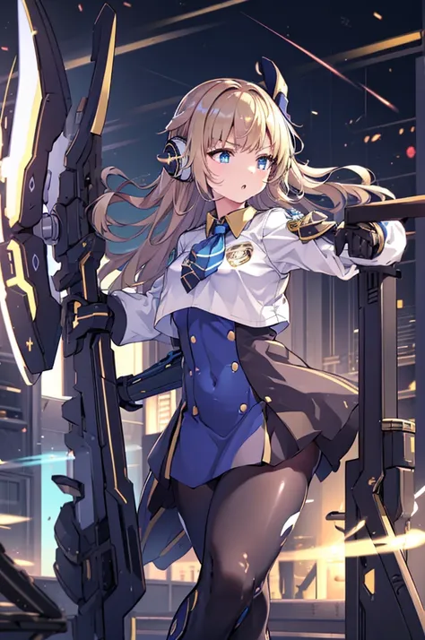 mecha wing、Thighs、tights、chest、Golden Hair、Light blue ribbon、 1 girl、 solo girl 、income、 headphones、idol dress、Rin々Funny face、 Holding Swords 、 has a shield、mecha girl