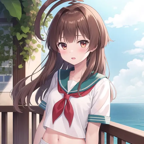 ((masterpiece)),( best quality),Official Art,  highly detailed CG, unity 8k Wallpaper ,Super detailed, Lighthouse on the Cliff of the Sea, 1 girl,Alone, upper body,(Portrait:1.2),length_hair,brown_hair,white_shirt,white_shorts,brown_eye,School_uniform,Sera...