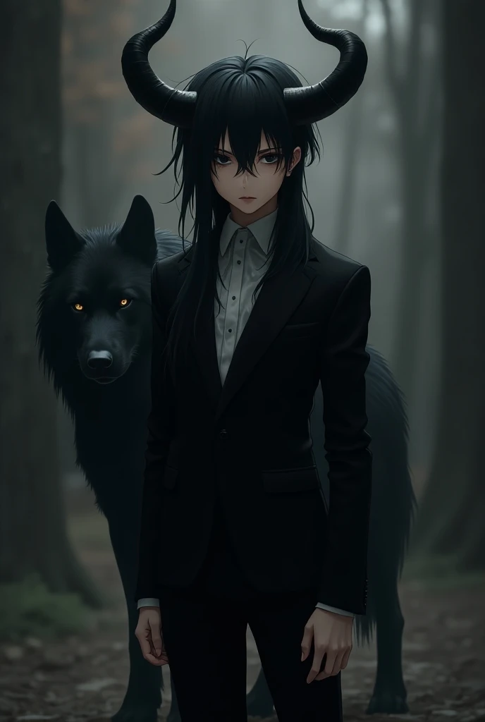 An adolescent boy anime version horns long black demon broom black eyes black eyes a black asad closed in an elegant sexy suit looks forward looking sexy full body dark scenery with an angry wolf on the side 