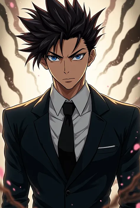 Generate an anime-style portrait of a young man inspired by JoJos Bizarre Adventure art style. The character wears a formal suit and tie, with a confident and serious expression, bold and exaggerated features like sharp eyes, angular jawline, and intense s...