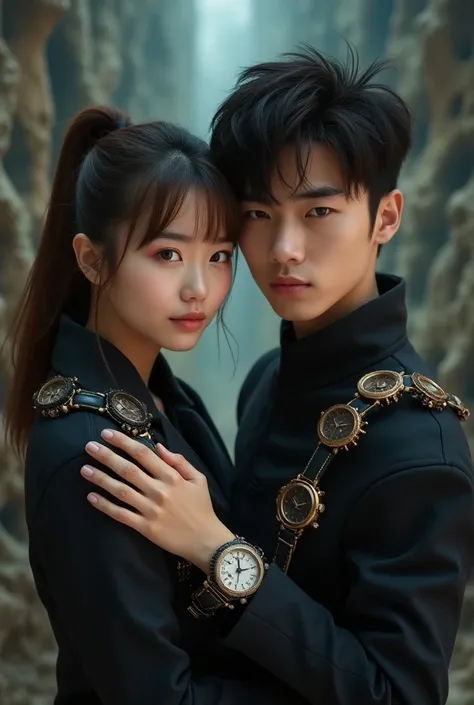 A beautiful young Asian woman with a brown ponytail and bangs wearing a luminous watch with a dramatically unusual shape、A young man with dark hair and sharp eyes wearing a watch with an unusual shape 、Watch this with a distorted space-time background 