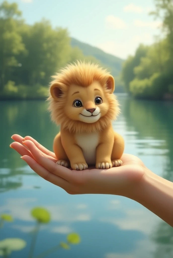 A super realistic scene featuring a very cute and plump medium-sized lion perched gently on a human hand. The lion has a soft, fluffy mane and expressive eyes, radiating charm and playfulness. The hand is realistically depicted, showcasing details like ski...