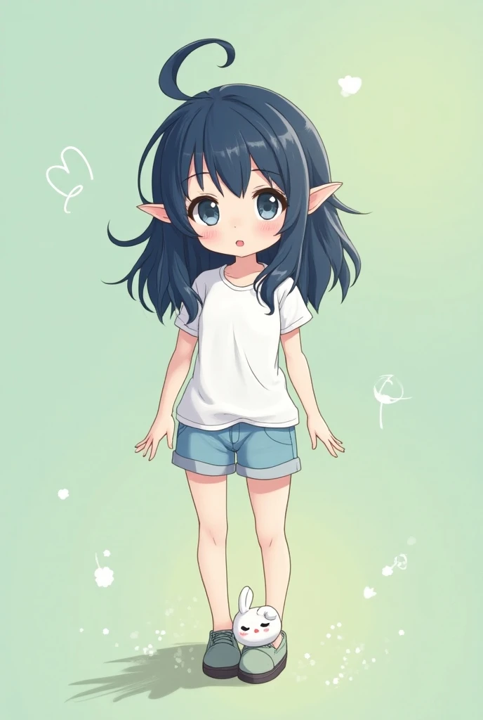  An anime cartoon of a female character with an appearance similar to that of a leprechaun, f ears ,  long dark blue hair with a fringe on her side , white t-shirt,  a light blue shorts and a small rabbit shoe 