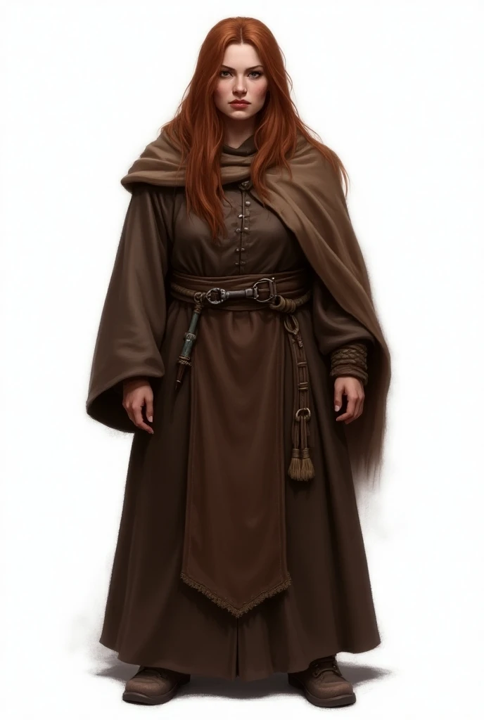 A mature female dwarf from medieval fantasy,  with long reddish brown hair, Short and sturdy , wearing monks clothes,  brown eyes and a serious face . Semi-realistic painting art white background