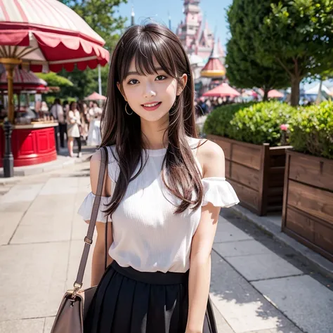 laughing out loud，Stylishly wear ，date attire，The skirt shows fluffy curvature，Carrying a cute bag，knee shot,  background is a daytime amusement park，1 female, light brown hair, blunt bangs, hair behind ears, Shoulder length hair, long hair, Slender body s...