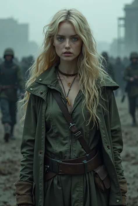 1 woman, hyperrealistic ,  High quality, beautiful, elegant, Blonde hair, blue eyes,  in post-apocalyptic clothes in shades of black,  in a post-apocalyptic world  ,with a background in shades of black ,  with white and black people fighting in the backgro...