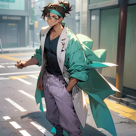 1male, young teen, tan skin, finely detailed aqua eyes, messy top bun, two tone lavander color, wild medium hair, lab coat, glasses headband, baggy pants, standing on street, day time, tokyo streets, calm expression, muscular