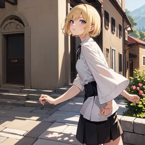 Masterpiece, solo, 1girl, white blouse, black short skirt, short blonde hair, Italian village
