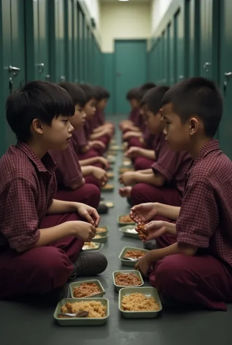 Young Prisoners sitting in ground line by line in and watching face to face and eating food in lunch box and wearing maroon checked shirt and maroon pants