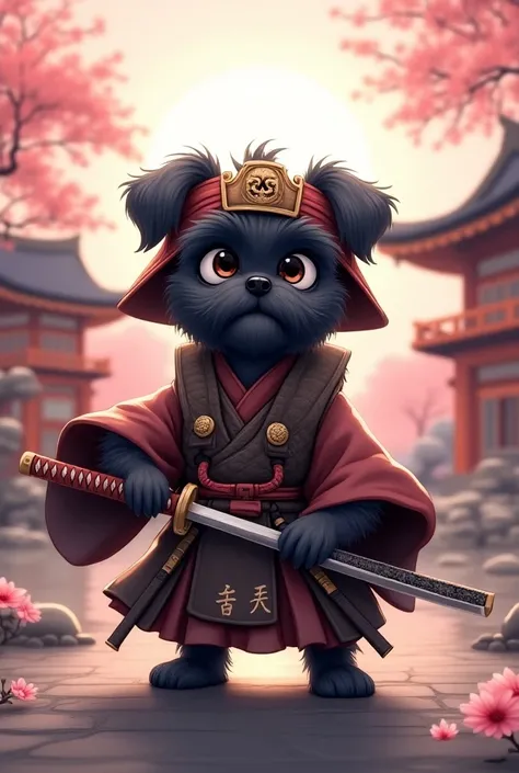 Animation of a dark gray female shitzu dressed as a samurai with her katana and Japanese background
