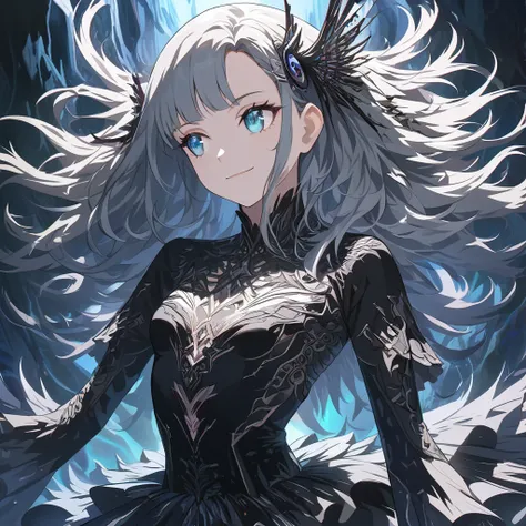 Absurd,anime,Detailed and beautiful eyes,(art),(artistic clothing:1.5),angel,gray hair,smile,(a girl:1.5),from the waist up,(small breasts:1.2),(small chest:1.2),mysterious,fallen Angel,Hello,(Large detailed hair ornament:1.2),(look away:1.5),detailed clot...