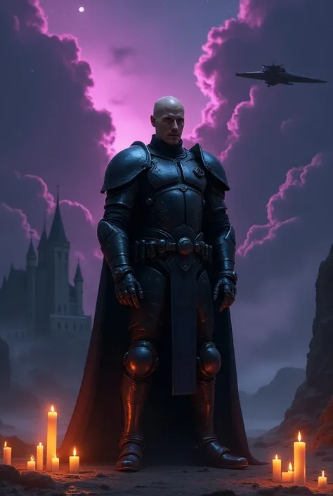 The character IS A MAN. 
The character is Bald . 
The character has no beard . 
The character has a modern-style , 
 armor with technology. 
The background of the portrait has a gigantic dark fantasy castle. 
The background of the portrait has a spaceship ...