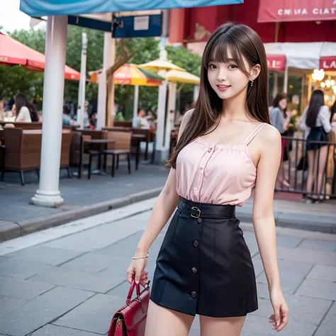 laughing out loud，Stylishly wear ，date attire， skirts to show off showy radiance，Carrying a cute bag，knee shot,  background is a daytime amusement park，1 female, light brown hair, blunt bangs, hair behind ears, Shoulder length hair, long hair, Slender body...