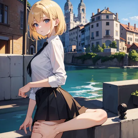 Masterpiece, solo, 1girl, white blouse, black short skirt, short blonde hair, Italian village
