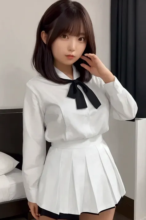 Use the same pose as the image prompt r　Hotel　bed　uniform　 white shirt　High image quality　Not too small bust　 Black Miniskirt 　Short skirts and beautiful hair　Height: 166cm　Hair is semi-long
