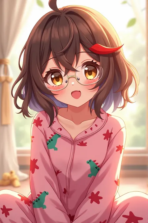  Anime-style girl with short wavy brown hair with red tips, golden eyes wearing pink dinosaur pajamas transparent glasses  