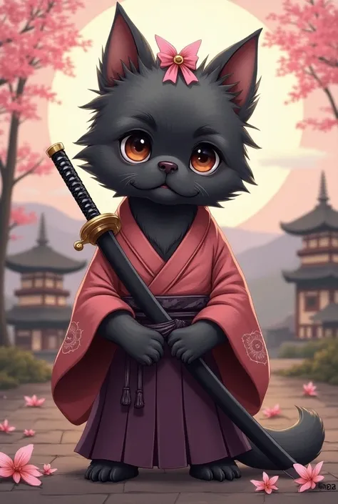 Illustration of a dark gray female shitzu, with her pink ribbon on her head , tender look,  dressed as a samurai with her katana and Japanese background 
