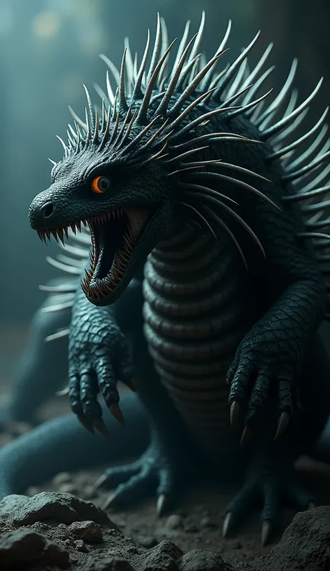 Imagine a terrifying fusion of a porcupine and a king cobra, creating a creature that embodies the features of both. This beast has the elongated, sinuous body of the cobra, covered in sharp, quill-like spines that jut out menacingly. Its head resembles th...