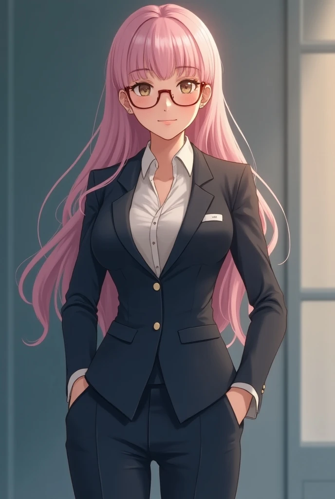 ((masterpiece, best)), (1girl), (mature woman), light pink hair, open-chest seduction, flared, (office lady), bangs, big breasts, glasses lady, (full), slim, smile, [wide hips], office, standing, aru  (blue file), 8K picture quality, sexy seduction, (open-...