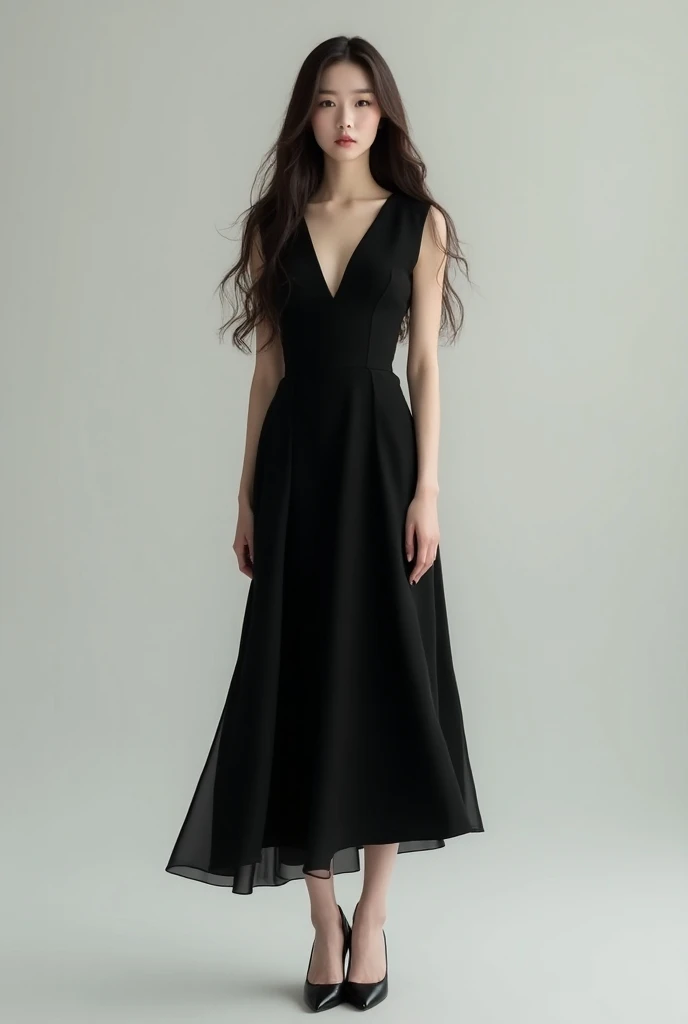 A 25-year-old Korean girl wears a cute black dress and black hills. Her skin is very white and her hair is very long to her knees and her features are soft 