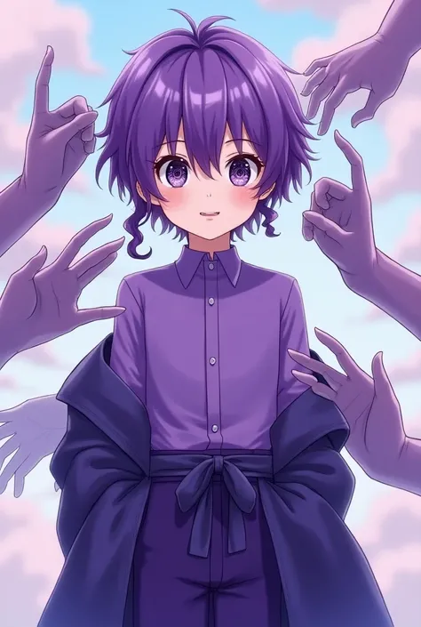 MAKE A BOY WITH PURPLE HAIR AND BLACK EYES INSIDE HIS PULILLA YOU CAN SEE A SPIRAL HE HAS PURPLE HAIR TOO AND HIS HAIR IS CURLED UP THE SLEEVE OF HIS SHIRT IS VERY LARGE HE HAS A COAT TIED AROUND HIS WAIST HIS SHIRT AND PANTS ARE ALL PURPLE JUST LIKE HIS E...