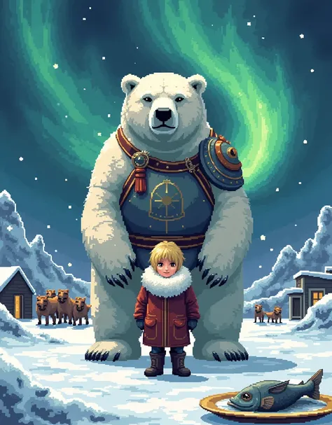 16-bit pixel art, promotional poster, promotional art for "The Golden Compass," 16-bit video game art, for a game based on renowned novel "The Golden Compass" by Philip Pullman, BREAK: (in the center of a movie poster grouping of characters, ((a blonde gir...